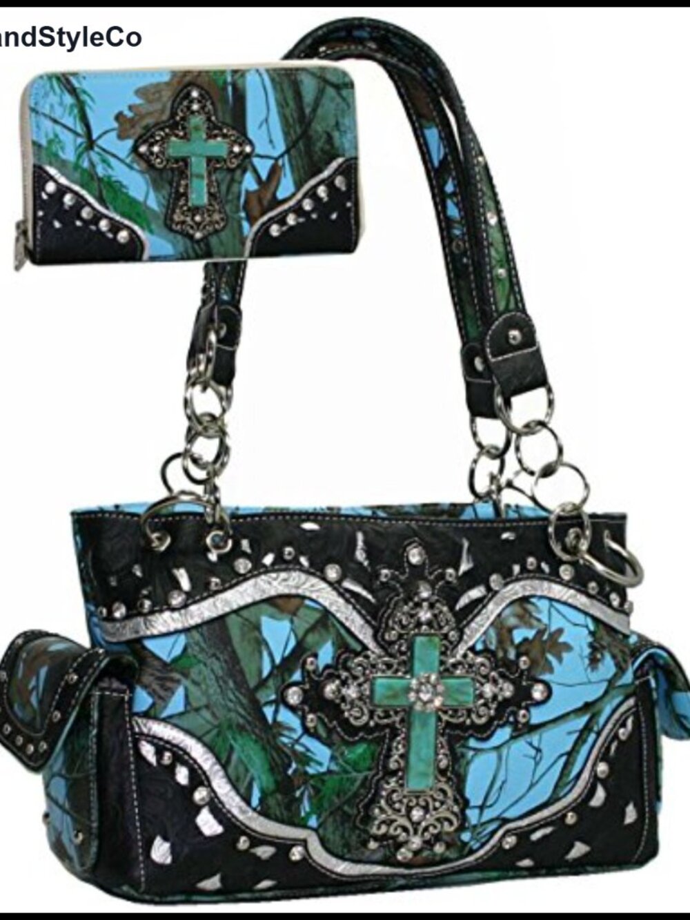 Faux Leather Studded Cross Rhinestone Shoulder Bag & Wallet Set